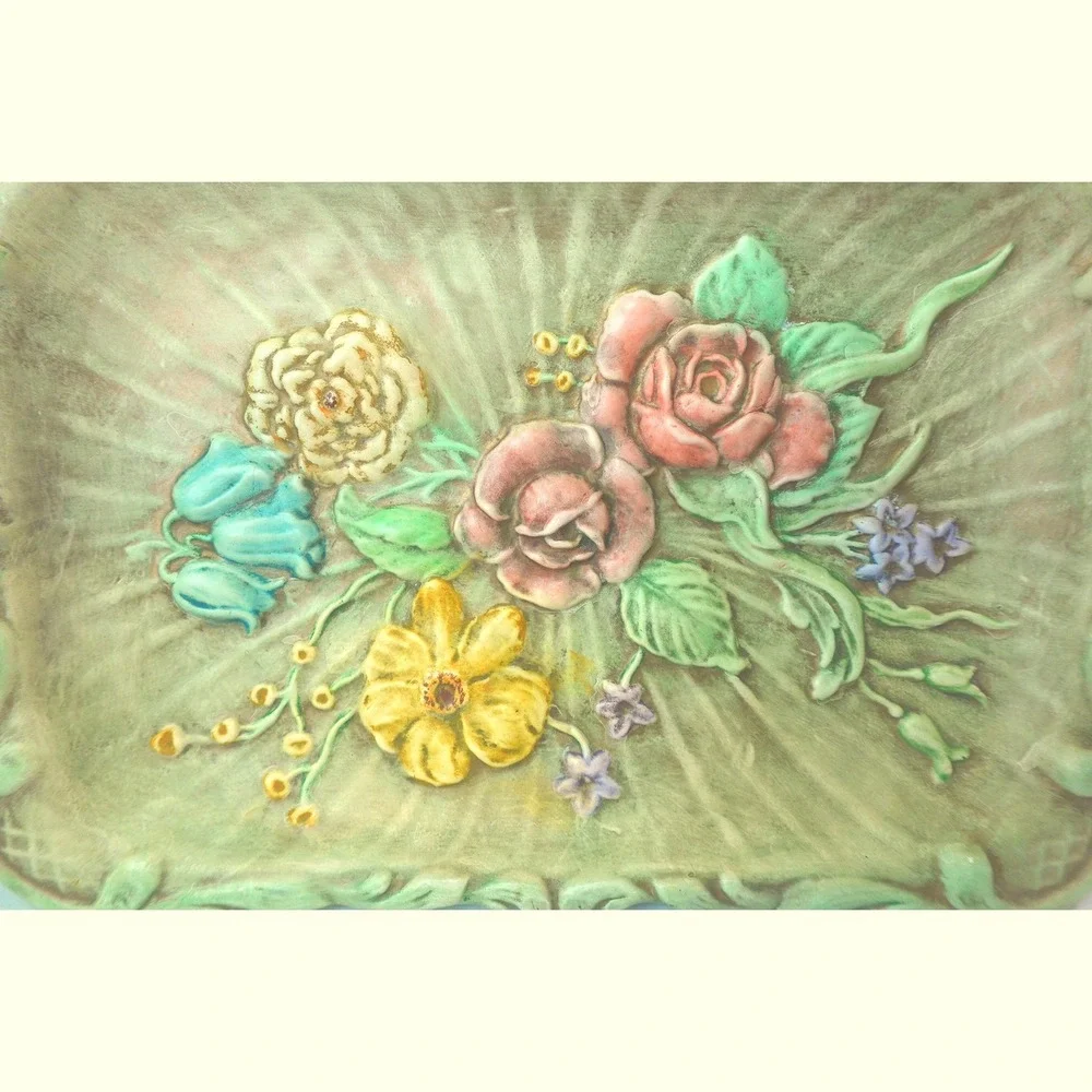 Vintage Ceramic Platter Floral Signed 1968 Floral Boho Cottagecore Vanity Tray
